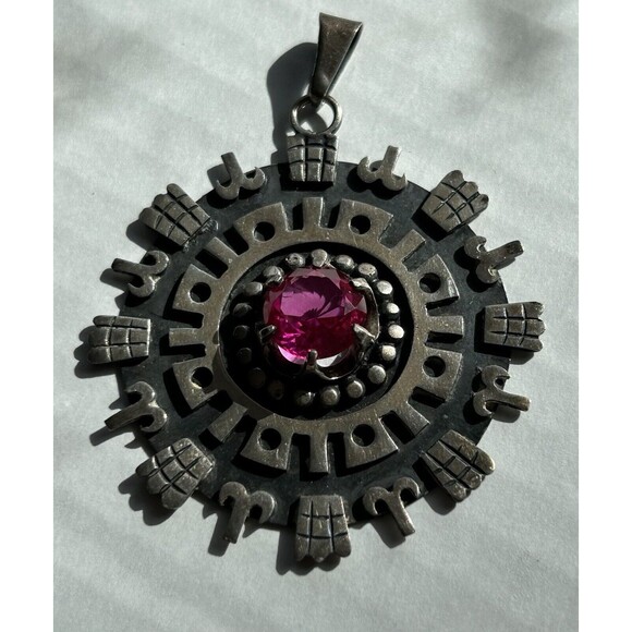 MEXICAN STERLING PENDANT W‎ SYNTHETIC SAPPHIRE VINTAGE SIGNED